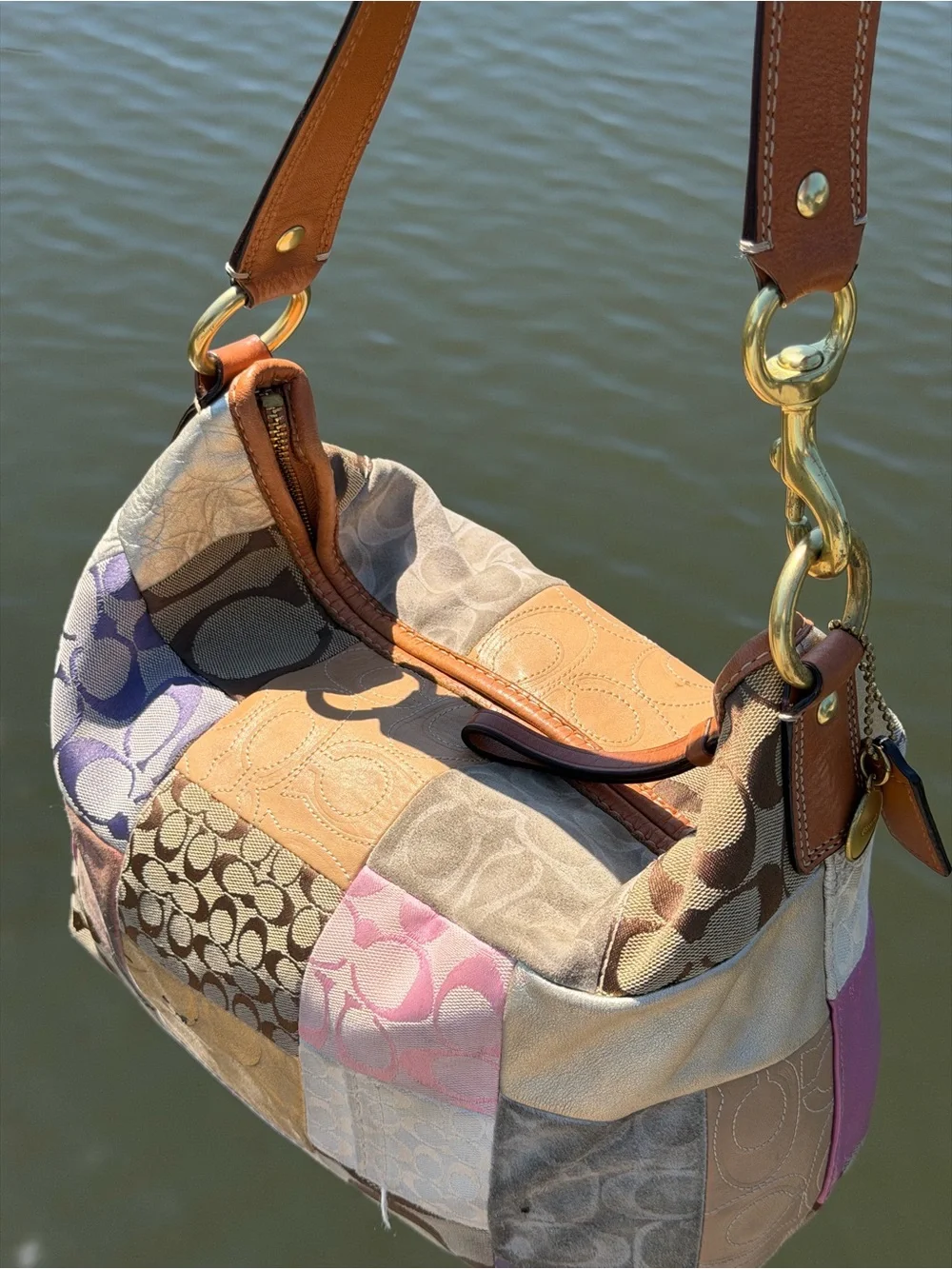 Coach Multicolor Patchwork Shoulder Bag in Pink, Tan, Cream, Brown, Purple